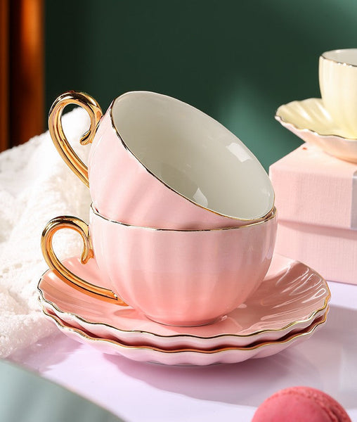 French Style Tea Cups and Saucers in Gift Box as Birthday Gift, Elegant Macaroon Ceramic Coffee Cups, Creative Bone China Porcelain Tea Cup Set, Beautiful British Tea Cups-LargePaintingArt.com