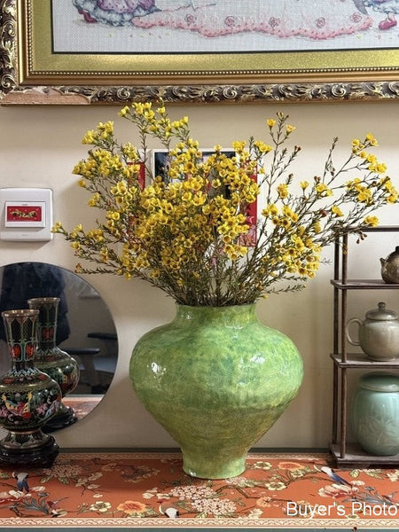 Modern Pottery Flower Vases, Handmade Water Holding Flower Vases, Pottery Bud Vases, Large Green Flower Vases on Table, Centerpiece on Dining Table-LargePaintingArt.com