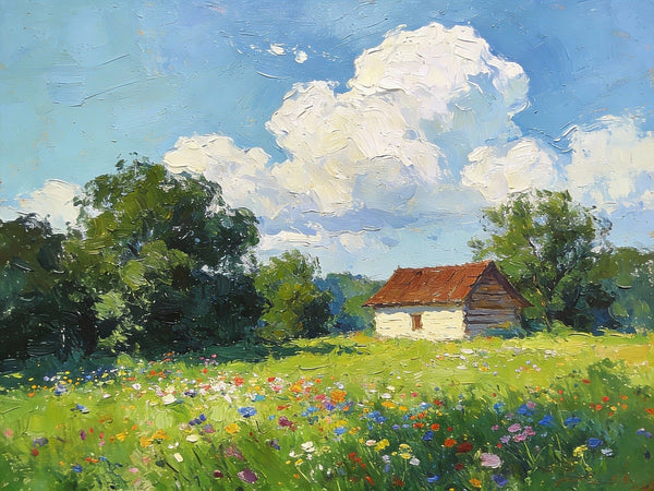 Cottage on the Green, Under an Open Sky, Hand Painted Canvas Art, On Canvas Small Paintings, Small Landscape Paintings, Original Oil Paintings, Small Paintings As Birthday Gift-LargePaintingArt.com