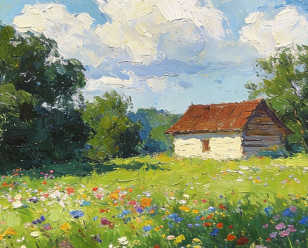 Cottage on the Green, Under an Open Sky, Hand Painted Canvas Art, On Canvas Small Paintings, Small Landscape Paintings, Original Oil Paintings, Small Paintings As Birthday Gift-LargePaintingArt.com