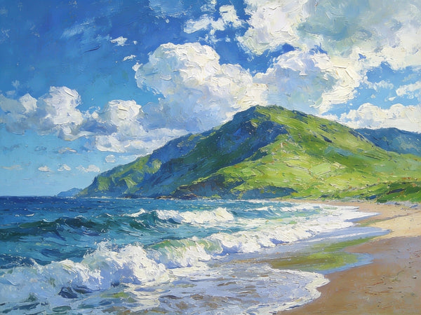 Small Oil Paintings on Canvas, Summer Shore, Calm Waters and Distant Hills, Landscape Canvas Paintings, Palette Knife Artwork, Hand Painted Canvas Art, Original Wall Paintings-LargePaintingArt.com