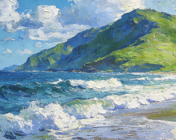 Small Oil Paintings on Canvas, Summer Shore, Calm Waters and Distant Hills, Landscape Canvas Paintings, Palette Knife Artwork, Hand Painted Canvas Art, Original Wall Paintings-LargePaintingArt.com