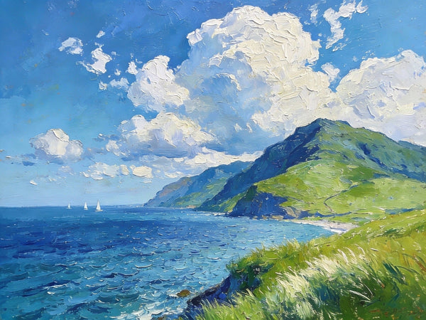 Small Wall Paintings, Coastal Seascape, Green Hills and Blue Waters, Impasto Artwork, On Canvas Small Paintings, Original Wall Art Paintings, Original Artwork Small Paintings, Small Landscape Paintings-LargePaintingArt.com
