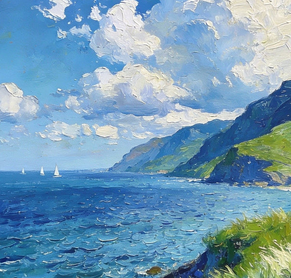 Small Wall Paintings, Coastal Seascape, Green Hills and Blue Waters, Impasto Artwork, On Canvas Small Paintings, Original Wall Art Paintings, Original Artwork Small Paintings, Small Landscape Paintings-LargePaintingArt.com