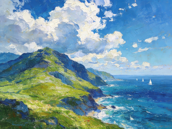 Small Canvas Art, An Azure Sky over the Bay, Original Wall Paintings, Original Artwork Small Paintings, Small Landscape Paintings, On Canvas Small Paintings-LargePaintingArt.com