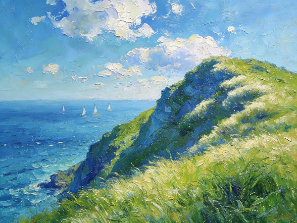 Hillside by the Sea, Swept by the Wind, Small Landscape Paintings, Small Oil Paintings on Canvas, Hand Painted Canvas Art,Heavy Texture Artwork, Original Oil Paintings-LargePaintingArt.com