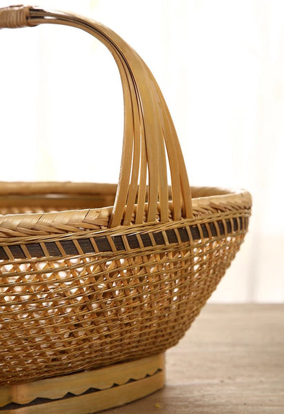 Natural Hand-woven Bamboo Basket, Natural Fruit Basket Kitchen Storage Baskets, Extra Large Picnic Food Basket with Handle, Lovely Bamboo Baskets for Vegetable-LargePaintingArt.com