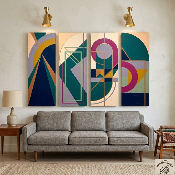Large Modern Contemporary Paintings, Hand Painted Canvas Art, Multi Panel Wall Art Paintings, Geometric Abstract Artwork-LargePaintingArt.com