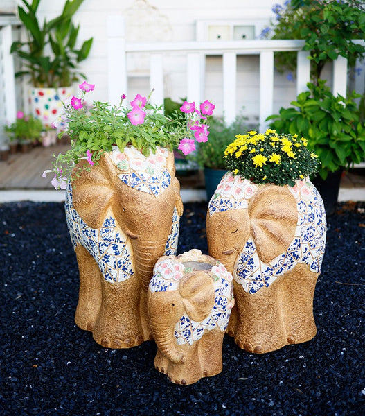 Oversized Garden Flower Pot, Modern Outdoor Garden Flower Pots, Extra Large Elephant Garden Flowerpots, Animal Statue for Garden Ornaments, Large Resin Statue for Garden-LargePaintingArt.com