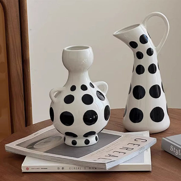 Ceramic Bud Vases, Small Flower Vases on Table, Black and White Polka Dot Flower Vase, Modern Porcelain Flower Vases, Handmade Water Holding Flower Vases-LargePaintingArt.com