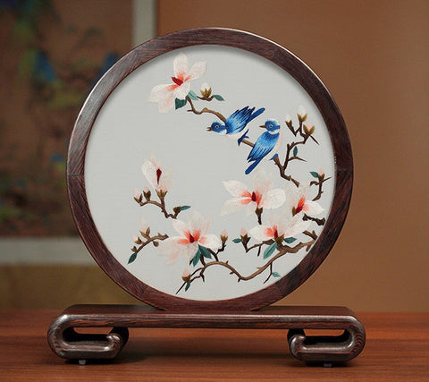 Traditional Chinese Suzhou Silk Embroidered Ornament, Premium Souvenir, Exclusive Business Presents, Creative Birthday Gift, Flower and Birds Embroidery Ornaments-LargePaintingArt.com