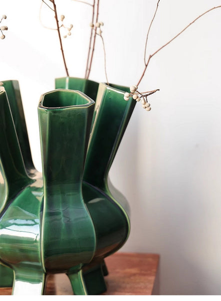 Centerpiece Ceramic Bouquet Vases, Contemporary Vases on Dining Table, Green Porcelain Vases for Modern Home Decor, Unique Handmade Modern Flower Vase-LargePaintingArt.com