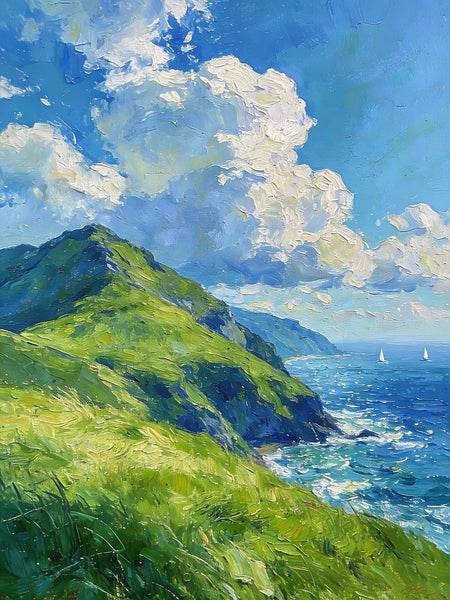 Seashore Paintings, Mountains Meet the Azure Sea, Heavy Texture Oil Paintings, On Canvas Small Paintings, Hand Painted Canvas Art, Original Small Paintings-LargePaintingArt.com