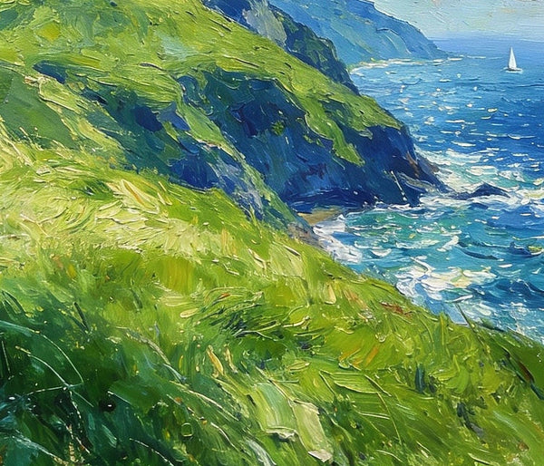 Seashore Paintings, Mountains Meet the Azure Sea, Heavy Texture Oil Paintings, On Canvas Small Paintings, Hand Painted Canvas Art, Original Small Paintings-LargePaintingArt.com