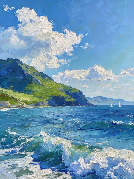 Coastal View, Mountains, Sea, and Clouds, Landscape Small Paintings, Original Artwork Small Paintings, Hand Painted Wall Art, Heavy Texture Oil Paintings, On Canvas Small Paintings-LargePaintingArt.com