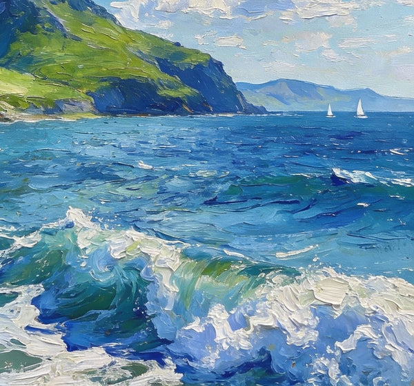 Coastal View, Mountains, Sea, and Clouds, Landscape Small Paintings, Original Artwork Small Paintings, Hand Painted Wall Art, Heavy Texture Oil Paintings, On Canvas Small Paintings-LargePaintingArt.com