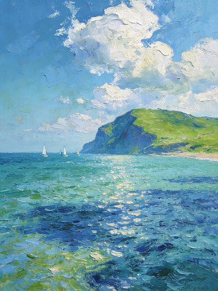 Sailboat in a Sheltered Bay, Landscape Small Paintings, Small Paintings on Wall, Original Small Paintings on Canvas, Heavy Texture Oil Paintings, Small Paintings on Canvas-LargePaintingArt.com