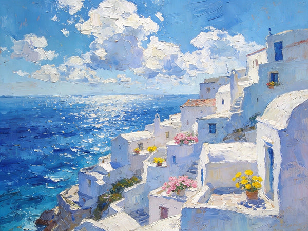 Summer's Day on the Aegean Blue Sea, Palette Knife Artwork, Small Landscape Paintings, Original Oil Paintings, Small Oil Paintings on Canvas, Hand Painted Canvas Art-LargePaintingArt.com