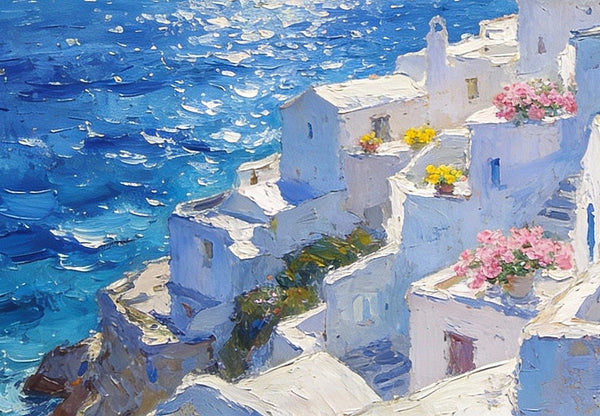 Summer's Day on the Aegean Blue Sea, Palette Knife Artwork, Small Landscape Paintings, Original Oil Paintings, Small Oil Paintings on Canvas, Hand Painted Canvas Art-LargePaintingArt.com
