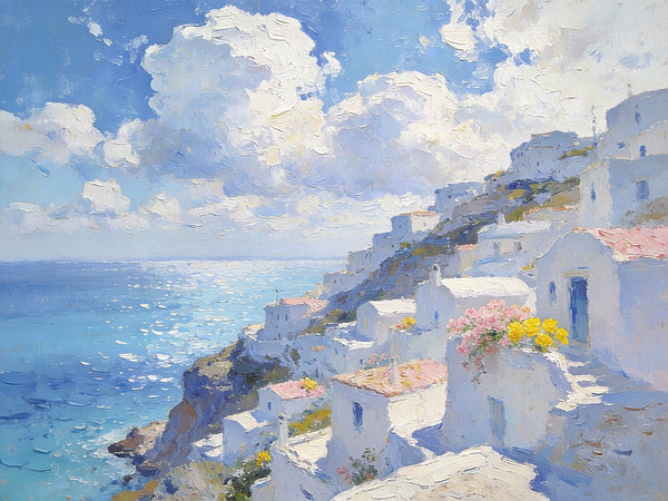 Santorini - White Villages by the Sea, Simple Painting Ideas, Small Wall Paintings, Landscape Canvas Paintings, On Canvas Small Paintings, Hand Painted Wall Art-LargePaintingArt.com