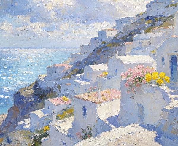 Santorini - White Villages by the Sea, Simple Painting Ideas, Small Wall Paintings, Landscape Canvas Paintings, On Canvas Small Paintings, Hand Painted Wall Art-LargePaintingArt.com