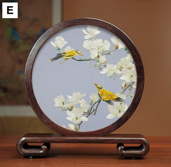 Creative Birthday Gift, Flower and Birds Embroidery Ornaments, Traditional Chinese Suzhou Silk Embroidered Ornament, Premium Souvenir, Exclusive Business Presents-LargePaintingArt.com