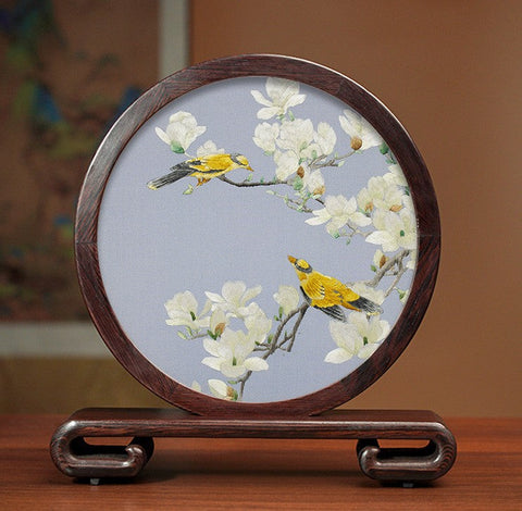 Creative Birthday Gift, Flower and Birds Embroidery Ornaments, Traditional Chinese Suzhou Silk Embroidered Ornament, Premium Souvenir, Exclusive Business Presents-LargePaintingArt.com