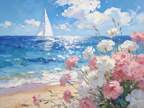 Blooms by the Shore, A Sailboat’s Journey, Simple Painting Ideas, Hand Painted Wall Art, Small Wall Paintings, Landscape Canvas Paintings, On Canvas Small Paintings-LargePaintingArt.com