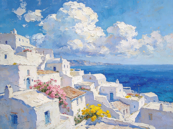 Original Canvas Paintings, Azure Dreams of the Aegean, Small Oil Paintings on Canvas, Palette Knife Artwork, Landscape Oil Paintings, Hand Painted Wall Art-LargePaintingArt.com