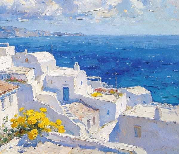 Original Canvas Paintings, Azure Dreams of the Aegean, Small Oil Paintings on Canvas, Palette Knife Artwork, Landscape Oil Paintings, Hand Painted Wall Art-LargePaintingArt.com