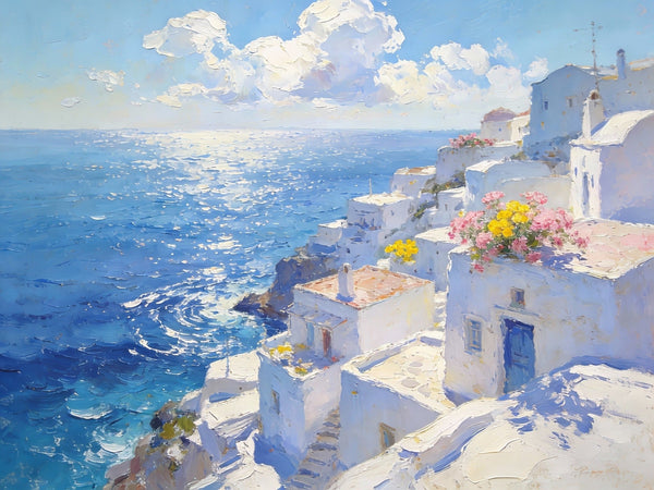 Small Wall Paintings, Santorini Impressions, White Villages by the Azure Sea, Simple Painting Ideas, Hand Painted Wall Art, Landscape Canvas Paintings, On Canvas Small Paintings-LargePaintingArt.com