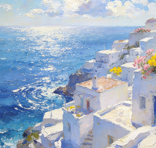 Small Wall Paintings, Santorini Impressions, White Villages by the Azure Sea, Simple Painting Ideas, Hand Painted Wall Art, Landscape Canvas Paintings, On Canvas Small Paintings-LargePaintingArt.com