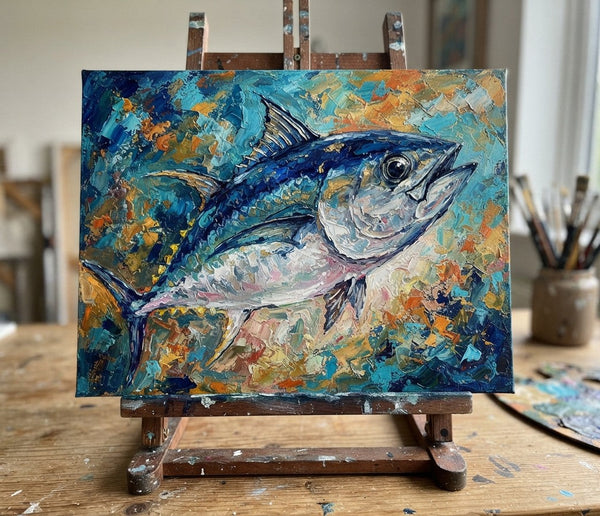 Ready to Hang Artwork, Bigeye Tuna Fish Painting, Original Acrylic Paintings, Small Art on Canvas, Heavy Texture Painting, Impasto Artwork, Hand Painted Canvas Art