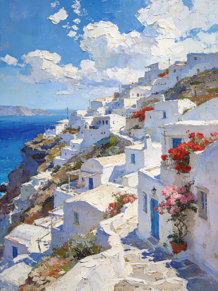 Cliffside Village, A Glimpse of the Aegean, Original Artwork Small Paintings, Hand Painted Canvas Art, On Canvas Small Paintings, Palette Knife Artwork, Landscape Canvas Paintings-LargePaintingArt.com