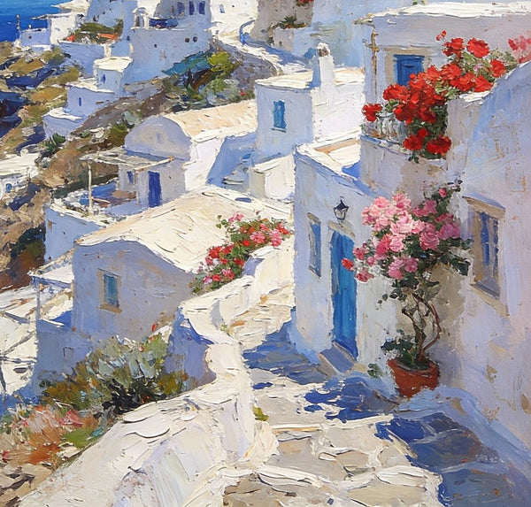 Cliffside Village, A Glimpse of the Aegean, Original Artwork Small Paintings, Hand Painted Canvas Art, On Canvas Small Paintings, Palette Knife Artwork, Landscape Canvas Paintings-LargePaintingArt.com