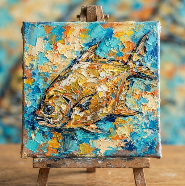 Golden Pomfret Fish Painting, Small Art on Canvas, Ready to Hang Artwork, Original Acrylic Paintings, Heavy Texture Painting, Impasto Artwork, Hand Painted Canvas Art-LargePaintingArt.com