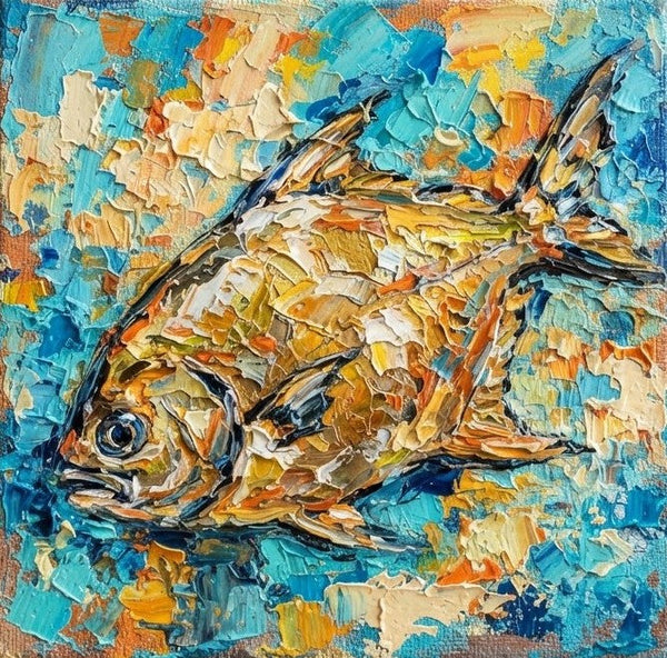 Golden Pomfret Fish Painting, Small Art on Canvas, Ready to Hang Artwork, Original Acrylic Paintings, Heavy Texture Painting, Impasto Artwork, Hand Painted Canvas Art-LargePaintingArt.com