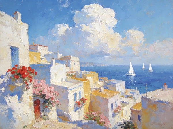 Small Paintings On Canvas, Coastal Santorini, A Vibrant Scene with Sailboats and Villages, Simple Painting Ideas, Hand Painted Wall Art, Small Wall Paintings, Landscape Canvas Paintings-LargePaintingArt.com