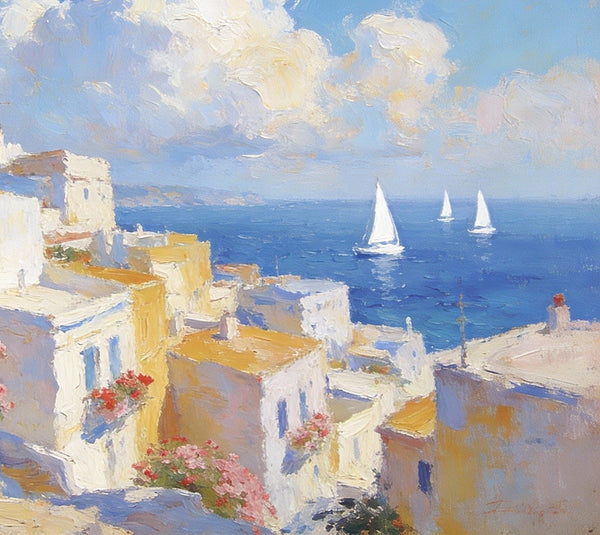 Small Paintings On Canvas, Coastal Santorini, A Vibrant Scene with Sailboats and Villages, Simple Painting Ideas, Hand Painted Wall Art, Small Wall Paintings, Landscape Canvas Paintings-LargePaintingArt.com