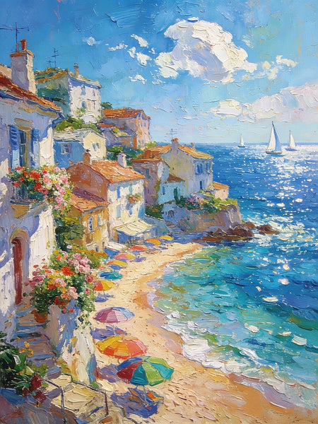 Azure Days - A Summer Holiday on the Mediterranean, Landscape Oil Paintings, Impasto Wall Art Paintings, Original Small Paintings on Canvas, Heavy Texture Oil Paintings, Small Paintings on Canvas-LargePaintingArt.com
