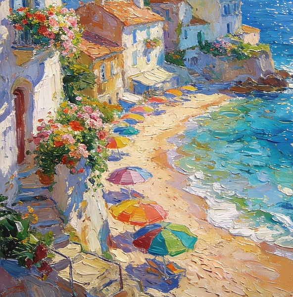 Azure Days - A Summer Holiday on the Mediterranean, Landscape Oil Paintings, Impasto Wall Art Paintings, Original Small Paintings on Canvas, Heavy Texture Oil Paintings, Small Paintings on Canvas-LargePaintingArt.com