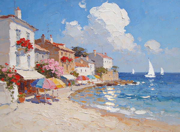 Seaside Summer Holiday, Small Oil Paintings on Canvas, Palette Knife Artwork, Landscape Canvas Paintings, Hand Painted Canvas Art, Original Oil Paintings-LargePaintingArt.com