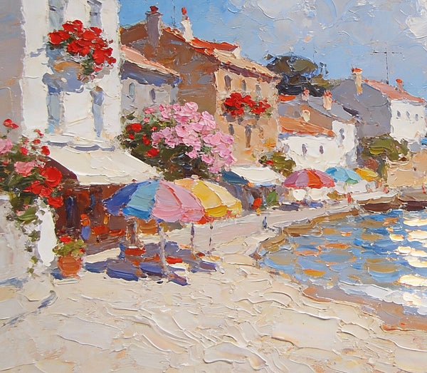 Seaside Summer Holiday, Small Oil Paintings on Canvas, Palette Knife Artwork, Landscape Canvas Paintings, Hand Painted Canvas Art, Original Oil Paintings-LargePaintingArt.com