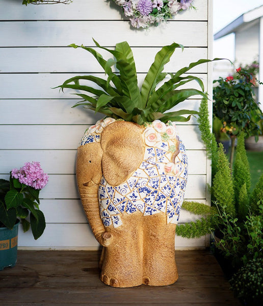 Modern Outdoor Garden Flower Pots, Oversized Garden Flower Pot, Extra Large Elephant Garden Flowerpots, Animal Statue for Garden Ornaments, Large Resin Statue for Garden-LargePaintingArt.com