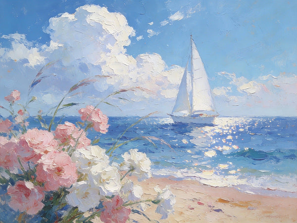 Landscape Oil Paintings, A Sun-Drenched Shore, Small Oil Paintings on Canvas, Palette Knife Artwork, Hand Painted Wall Art, Original Canvas Paintings-LargePaintingArt.com