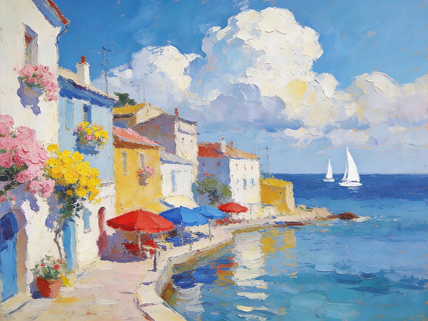 The Quiet Seaside Town, Small Oil Paintings on Canvas, Palette Knife Artwork, Landscape Small Paintings, Small Wall Paintings, Original Oil Paintings-LargePaintingArt.com