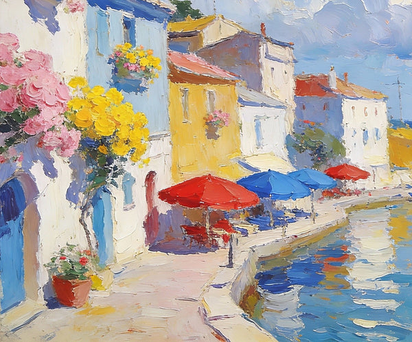 The Quiet Seaside Town, Small Oil Paintings on Canvas, Palette Knife Artwork, Landscape Small Paintings, Small Wall Paintings, Original Oil Paintings-LargePaintingArt.com