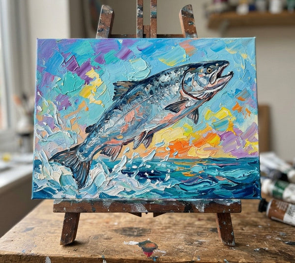 Original Acrylic Paintings, Small Art on Canvas, Salmon Fish Painting, Ready to Hang Artwork, Heavy Texture Painting, Impasto Artwork, Hand Painted Canvas Art