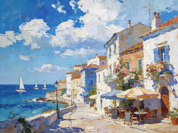 Serene Town by the Sea, A Colorful Coastal Landscape, Hand Painted Canvas Art, On Canvas Small Paintings, Small Landscape Paintings, Landscape Wall Art Paintings, Original Oil Paintings-LargePaintingArt.com