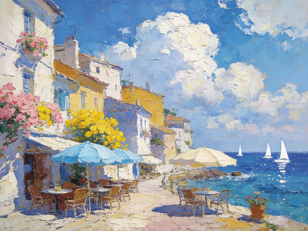 Small Paintings on Canvas, A Seaside Cafe, Summer Resort, Hand Painted Canvas Art, Impasto Artwork, Original Oil Paintings, Small Landscape Paintings on Wall-LargePaintingArt.com